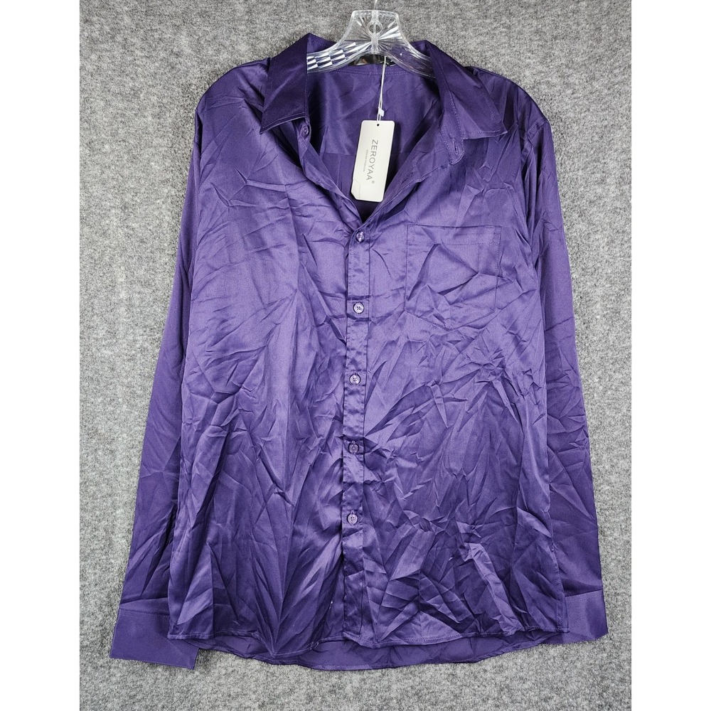 ZEROYAA Button Down Shirt Women L Purple Satin‎ Finish Long Sleeve Dress Top